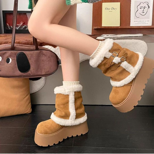 白色厚底雪地靴女2025年新款冬季加絨保暖毛毛短靴小個子增高棉鞋