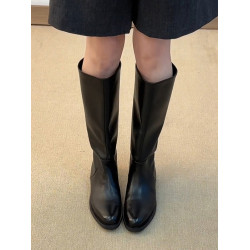 牛皮版~真皮簡約圓頭低跟直筒騎士靴女黑色百搭顯瘦長筒靴高筒靴