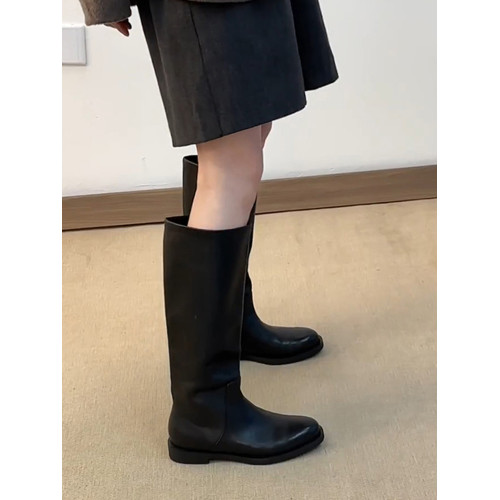 牛皮版~真皮簡約圓頭低跟直筒騎士靴女黑色百搭顯瘦長筒靴高筒靴