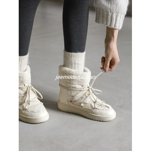 小池在首爾韓國東大門新款綁帶雪地靴毛毛絨拼接系帶保暖中筒棉靴 小池在首爾韓國東大門新款綁帶雪地靴毛毛絨拼接系帶保暖中筒棉靴