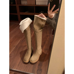 美拉德羊羔毛過膝長筒靴女2025新款秋冬平底靴子加厚絨保暖雪地靴