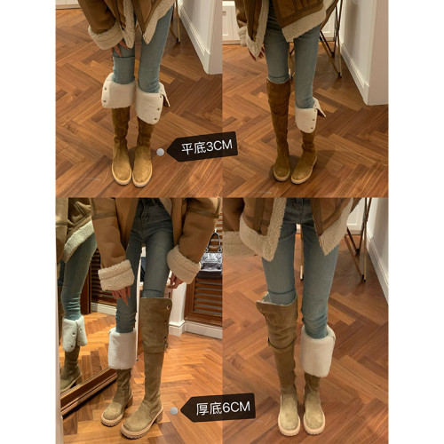 美拉德羊羔毛過膝長筒靴女2025新款秋冬平底靴子加厚絨保暖雪地靴