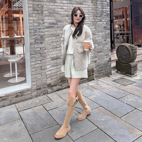 美拉德羊羔毛過膝長筒靴女2025新款秋冬平底靴子加厚絨保暖雪地靴