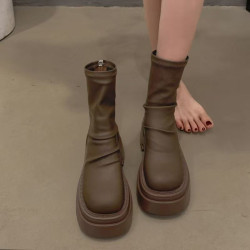 大碼女靴41到43短靴春季新款黑色胖mm粗腿靴子厚底瘦瘦馬丁靴女