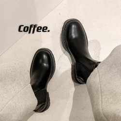 裡外真皮！牛皮顯瘦圓頭厚底切爾西靴女冬加絨菸筒靴短靴大碼4142