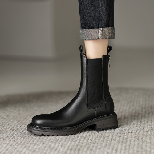 裡外真皮！牛皮顯瘦圓頭厚底切爾西靴女冬加絨菸筒靴短靴大碼4142