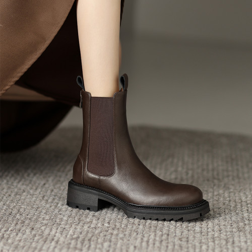 裡外真皮！牛皮顯瘦圓頭厚底切爾西靴女冬加絨菸筒靴短靴大碼4142