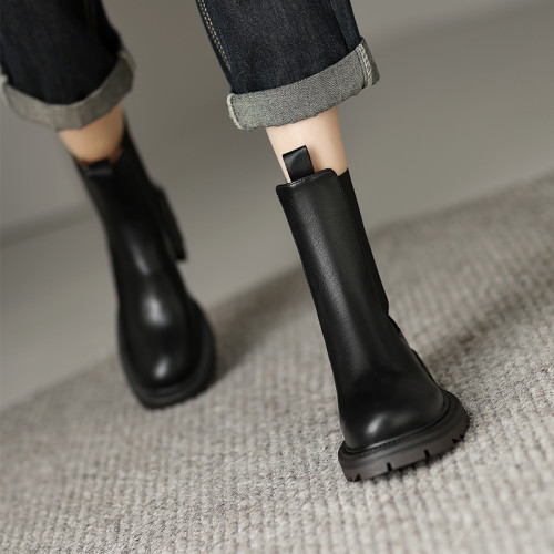 裡外真皮！牛皮顯瘦圓頭厚底切爾西靴女冬加絨菸筒靴短靴大碼4142