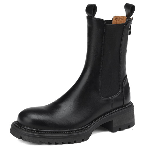 裡外真皮！牛皮顯瘦圓頭厚底切爾西靴女冬加絨菸筒靴短靴大碼4142