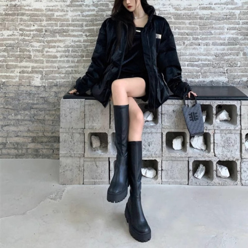 長筒靴女圓頭側拉鍊加絨小個子高筒瘦瘦靴不過膝黑色厚底騎士長靴 長筒靴女圓頭側拉鍊加絨小個子高筒瘦瘦靴不過膝黑色厚底騎士長靴