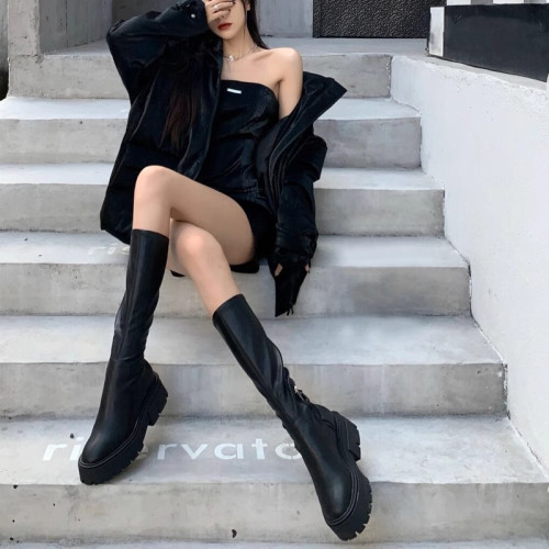 長筒靴女圓頭側拉鍊加絨小個子高筒瘦瘦靴不過膝黑色厚底騎士長靴 長筒靴女圓頭側拉鍊加絨小個子高筒瘦瘦靴不過膝黑色厚底騎士長靴