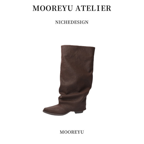 Mooreyu原創棕色褲琯靴女春夏復古美拉德尖頭騎士辣妹粗跟長靴女