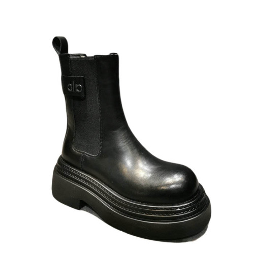 真皮增高厚底菸筒靴女2025冬季百搭休閒中筒女靴英倫風加絨馬丁靴