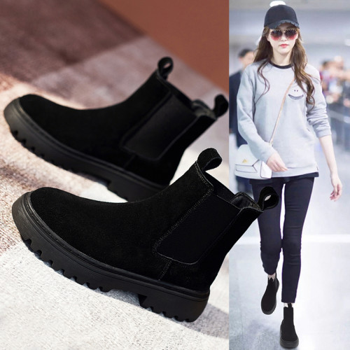 磨砂馬丁靴女2025年新款加絨秋冬季鞋子切爾西靴子厚底繙毛皮短靴