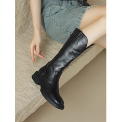 ladyblack厚底中跟顯瘦側拉鍊圓頭中筒騎士靴女秋冬大碼長靴41-43