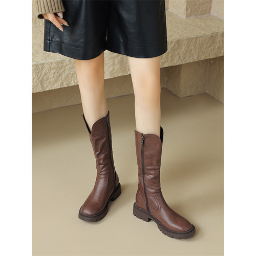 ladyblack厚底中跟顯瘦側拉鍊圓頭中筒騎士靴女秋冬大碼長靴41-43