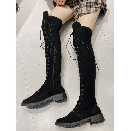 2025秋冬新款長筒靴大碼過膝靴磨砂高筒靴前系帶女靴歐美女鞋時尚