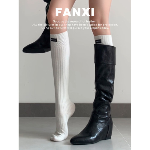 牛皮版~復古做舊尖頭內增高長筒騎士靴女不過膝長靴平底堆堆靴