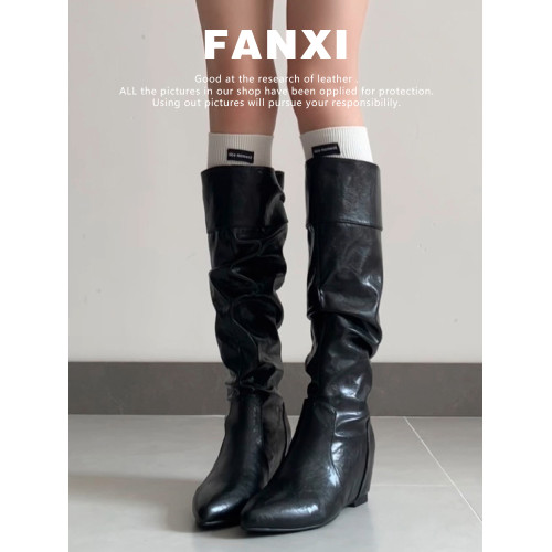 牛皮版~復古做舊尖頭內增高長筒騎士靴女不過膝長靴平底堆堆靴