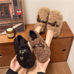 黑色厚底毛毛鞋女增高羊羔絨拖鞋保暖2025冬季新款豆豆鞋女士棉鞋