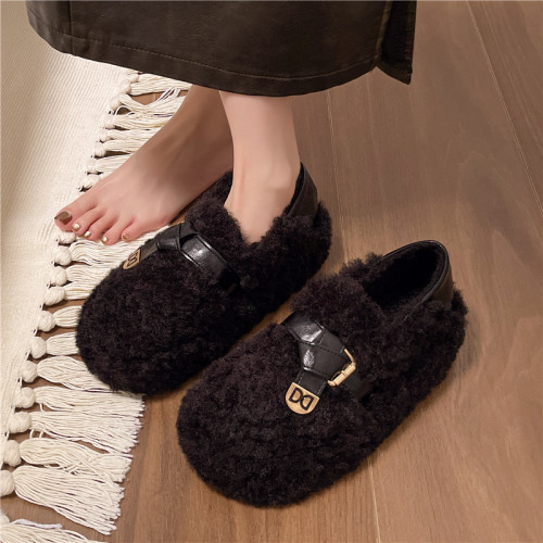 黑色厚底毛毛鞋女增高羊羔絨拖鞋保暖2025冬季新款豆豆鞋女士棉鞋