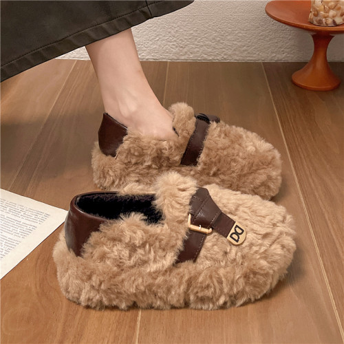 黑色厚底毛毛鞋女增高羊羔絨拖鞋保暖2025冬季新款豆豆鞋女士棉鞋