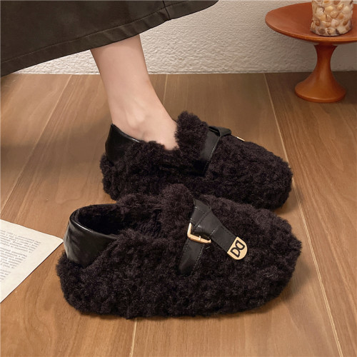 黑色厚底毛毛鞋女增高羊羔絨拖鞋保暖2025冬季新款豆豆鞋女士棉鞋