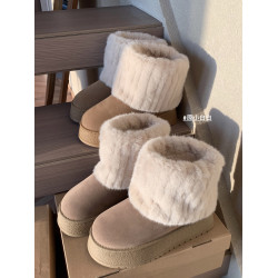 原小白白增高厚底加絨水貂毛厚底毛毛短靴女保暖雪地靴冬季