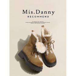 Misdanny真皮增高厚底雪地靴女2025新款大頭馬丁短靴加絨保暖棉鞋