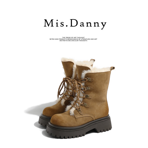 Misdanny真皮增高厚底雪地靴女2025新款大頭馬丁短靴加絨保暖棉鞋
