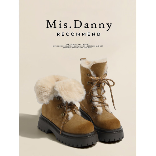 Misdanny真皮增高厚底雪地靴女2025新款大頭馬丁短靴加絨保暖棉鞋