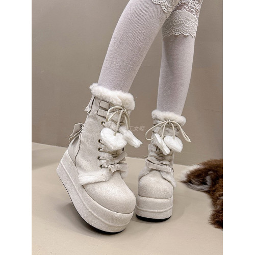 原創lolita鞋子女新款爆款厚底中筒靴冬季加絨棉鞋松糕可愛雪地靴