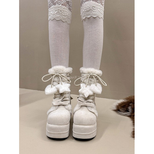 原創lolita鞋子女新款爆款厚底中筒靴冬季加絨棉鞋松糕可愛雪地靴