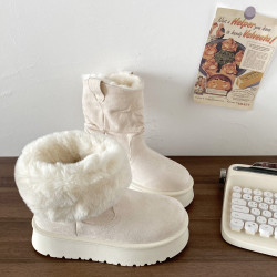 喜叔奶白色兩穿厚底毛絨雪地靴女冬季加絨保暖短筒棉靴東北大棉鞋
