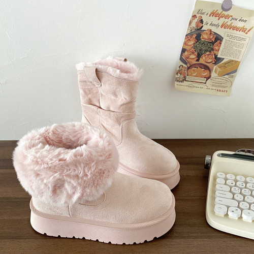 喜叔奶白色兩穿厚底毛絨雪地靴女冬季加絨保暖短筒棉靴東北大棉鞋