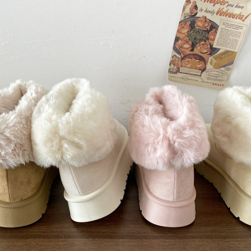 喜叔奶白色兩穿厚底毛絨雪地靴女冬季加絨保暖短筒棉靴東北大棉鞋
