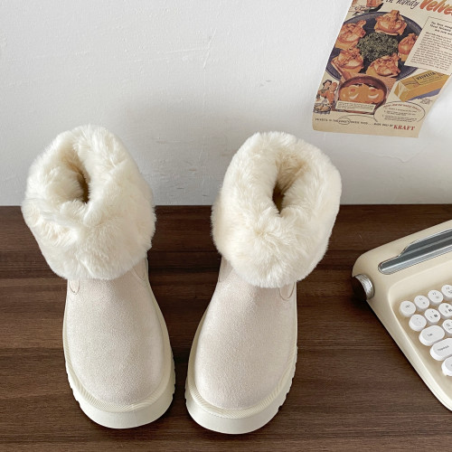 喜叔奶白色兩穿厚底毛絨雪地靴女冬季加絨保暖短筒棉靴東北大棉鞋