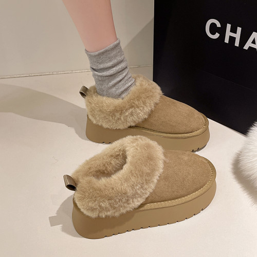 厚底毛毛雪地靴女冬2026新款一腳蹬短靴加絨加厚保暖東北麵包棉鞋