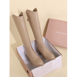 後拉鍊厚底軟皮V口西部牛仔靴女高跟尖頭騎士靴長靴高筒靴長筒靴