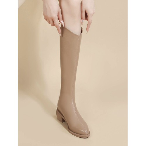 後拉鍊厚底軟皮V口西部牛仔靴女高跟尖頭騎士靴長靴高筒靴長筒靴