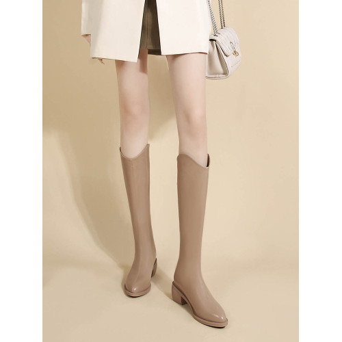 後拉鍊厚底軟皮V口西部牛仔靴女高跟尖頭騎士靴長靴高筒靴長筒靴