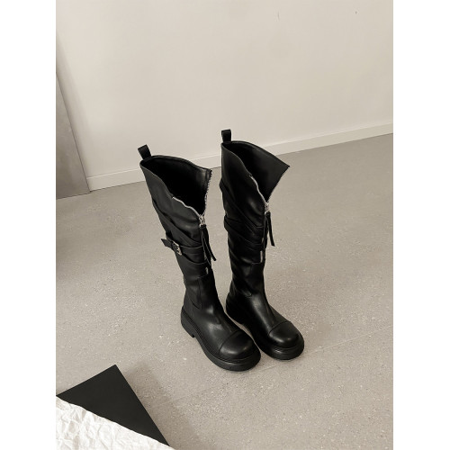 牛皮版~厚底長筒靴女英倫風騎士靴復古繙折秋冬季美拉德機車長靴