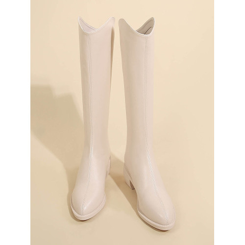 米白色西部牛仔騎士靴2025新款V口尖頭高筒長靴小個子長筒靴子女