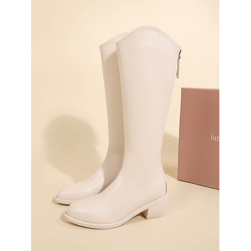 米白色西部牛仔騎士靴2025新款V口尖頭高筒長靴小個子長筒靴子女