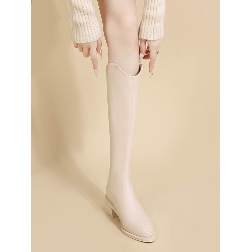 米白色西部牛仔騎士靴2025新款V口尖頭高筒長靴小個子長筒靴子女