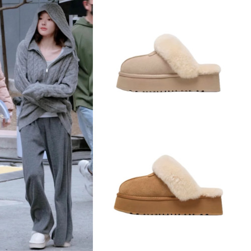 2025趙露思同款雪地靴奶白溫柔厚底增高外穿加絨羊毛包頭半拖棉拖