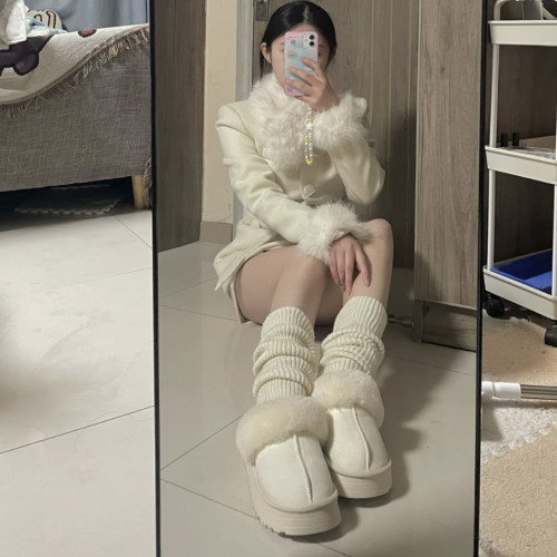 2025趙露思同款雪地靴奶白溫柔厚底增高外穿加絨羊毛包頭半拖棉拖