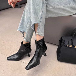 牛皮版~秋冬新款褶皺方頭瘦瘦靴細跟高跟真皮裸靴後拉鍊短靴女