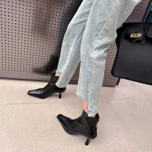 牛皮版~秋冬新款褶皺方頭瘦瘦靴細跟高跟真皮裸靴後拉鍊短靴女