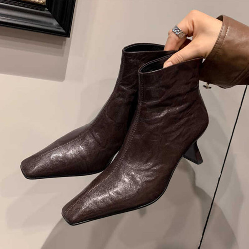 牛皮版~秋冬新款褶皺方頭瘦瘦靴細跟高跟真皮裸靴後拉鍊短靴女